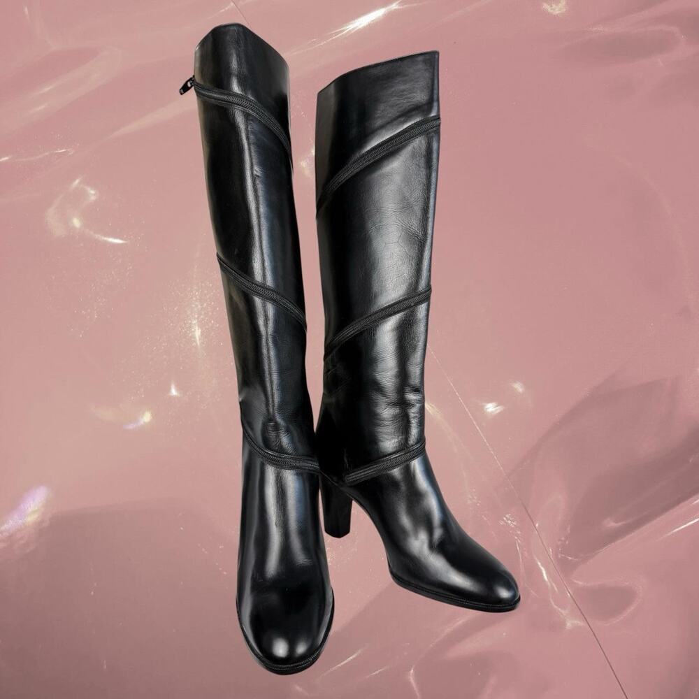 Vintage Unique Whimsy Black leather winding curve zipper knee high boots size 39